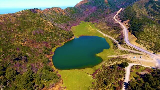 drone shot of tamezguida lake on top of Medea mountain Algeria