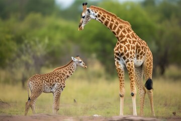 lion cub and baby giraffe playfully butting heads in the african savannah, created with generative ai - obrazy, fototapety, plakaty