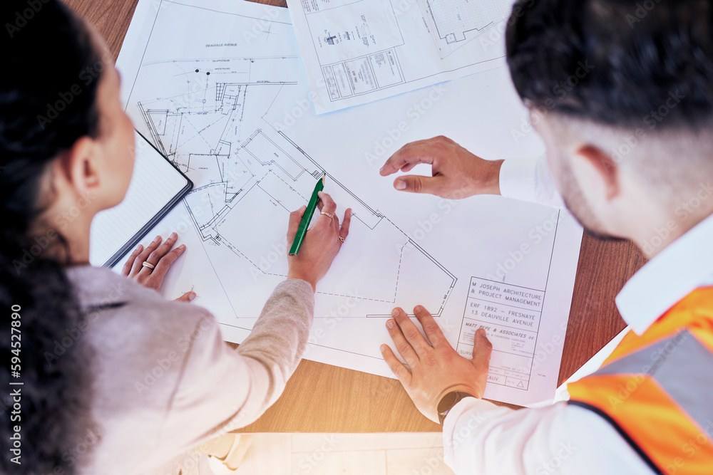 Poster Architecture, planning and blueprint with top view of people for project management, drawing and engineering. Floor plan, documents and teamwork with team of contractors for designer or construction