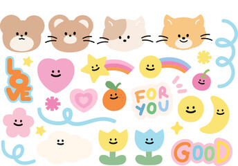 Teddy bear, cat, rainbow, heart, cloud, flowers, orange, moon for animal print, zoo, cartoon character, decorations, stickers, brand logo, cute patches, happy emoji, plush toy, doll, summer, picnic