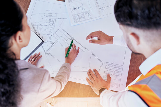 Architecture, planning and blueprint with top view of people for project management, drawing and engineering. Floor plan, documents and teamwork with team of contractors for designer or construction