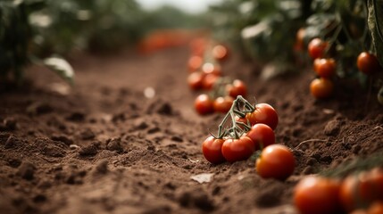 Delicious ripe red cherry tomatoes on soil in farm. AI