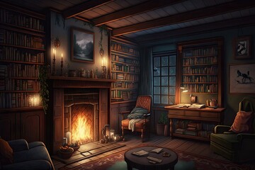 a cozy den, with bookshelves lining the walls and a crackling fire in the hearth, created with generative ai