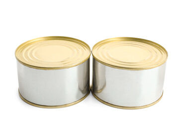 Tin cans with fish isolated on white background