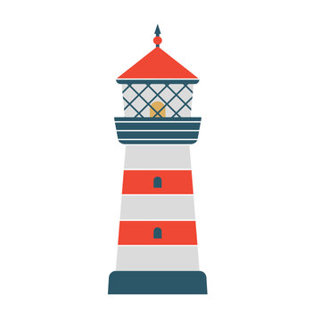 Creative clip art with cartoon lighthouse. Cute kid's vector illustration in flat style. Simple minimal modern sticker for children clothes design, banner, card. Ocean coast architecture.