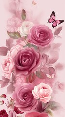 Pink roses and butterflies on pink background watercolor painting illustration for greeting cards wedding invitations romantic events