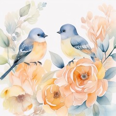 Fototapeta premium Watercolor painting two cute birds sitting on branch with beautiful buds flowers design for greeting cards wedding invitations romantic events