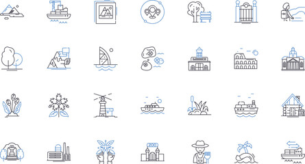 History and heritage line icons collection. Antiquity, Genealogy, Archival, Legacy, Remembrance, Archipelago, Archeology vector and linear illustration. Heritage,Inheritance,Denotation outline signs