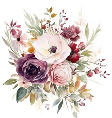 Elegant flower composition watercolor bouquet with roses and leaves in pastel colors illustration for greeting cards wedding invitations
