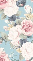Floral arrangement in pastel colors watercolor painting with pink white roses and leaves on blue background for textile greeting cards wedding invitation