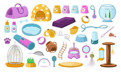 Pet store. Accessories for pets. Vector set in cartoon style