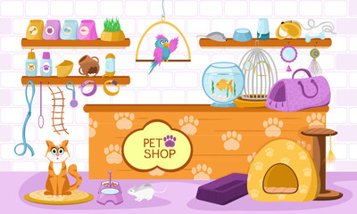 Pet store. Sale of accessories for pets. Vector illustration in cartoon style