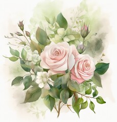 Bouquet of classic pink roses and green leaves in pastel colors for greeting cards wedding invitations romantic events