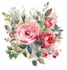 Watercolor bouquet of pink rose buds with green leaves and berries illustration for greeting cards wedding invitations romantic events