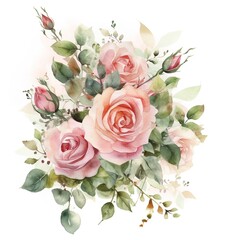 Beautiful watercolor bouquet of pink roses with green leaves illustration for wedding invitations romantic events greeting cards
