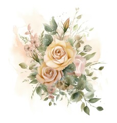 Floral composition beige pink roses and green leaves watercolor illustration in pastel colors for greeting cards wedding invitations romantic events