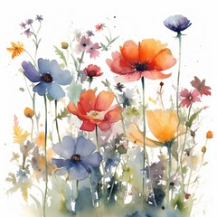 Watercolor painting multicolored wild flowers illustration for greeting cards wedding invitations romantic events postcard valentines day