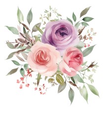 Beautiful watercolor bouquet of pink lilac roses with green leaves illustration for wedding invitations romantic greeting cards valentines day