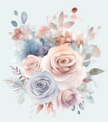 Floral composition in pastel colors watercolor painting with pink beige gray roses and leaves on an olive background for textile, greeting cards wedding invitations