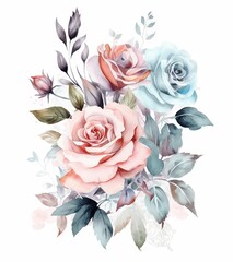 Flower composition in pastel colors blue and pink roses with green leaves design bouquet for greeting cards wedding invitations romantic events postcard valentines day