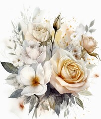 Watercolor bouquet of classic white beige roses and green leaves flower composition for valentines day greeting cards, wedding invitations romantic events, textile