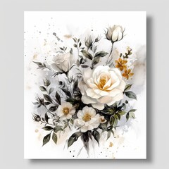 Magnificent watercolor bouquet of white roses on white background with paint splatter for valentines day greeting cards, wedding invitations, romantic events, textile