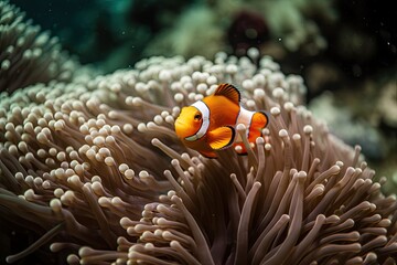 orange clownfish swimming among vibrant sea anemones, created with generative ai - obrazy, fototapety, plakaty