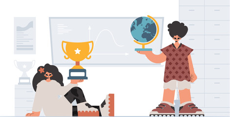 Individual and energized woman school understudies, analyzing to begin with school subjects. Trendy style, Vector Illustration