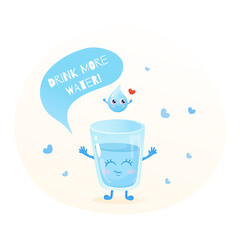 Illustration of a glass of water with drop. Drink more water.
Healthy lifestyle concept.