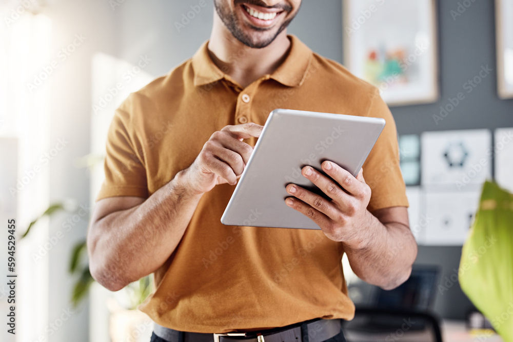 Poster Tablet, hands and happy business man working on UX web design, app wireframe development or online software. SEO algorithm, web traffic statistics and person typing webdesign for website layout