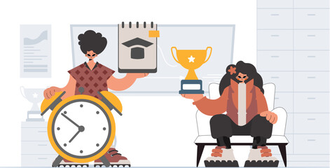 Person and energized lady school understudies, analyzing to start with school subjects. Trendy style, Vector Illustration