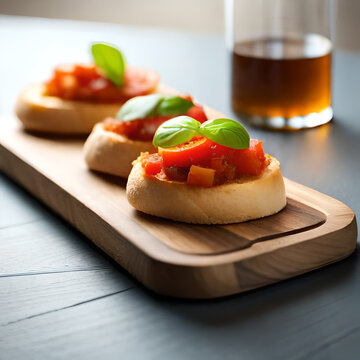 Photo ai photo illustration of a delicious bruschetta on a wooden board in a rustic kitchen with natural