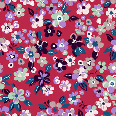 Botanical seamless pattern, various lilac, purple and light green flowers on a red background, vintage theme.