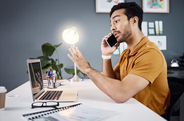 Phone call, explaining and man on laptop for creative proposal, website design and virtual or...