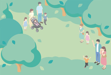 フレーム　アイソメトリック　家族　ファミリー　夏　緑　人物　おとな　こども　親子　ベビー　キッズ　イラスト　背景