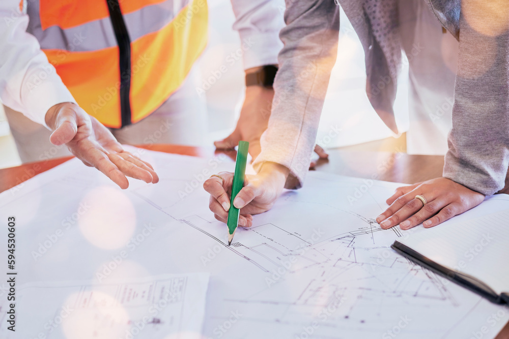 Aufkleber Architecture, drawing and blueprint with hands of people for project management, planning and engineering. Floor plan, documents and teamwork with team of contractors for designer and construction