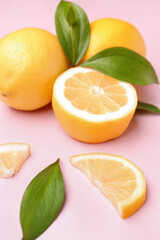 Fototapeta na wymiar Composition with fresh lemons on pink background