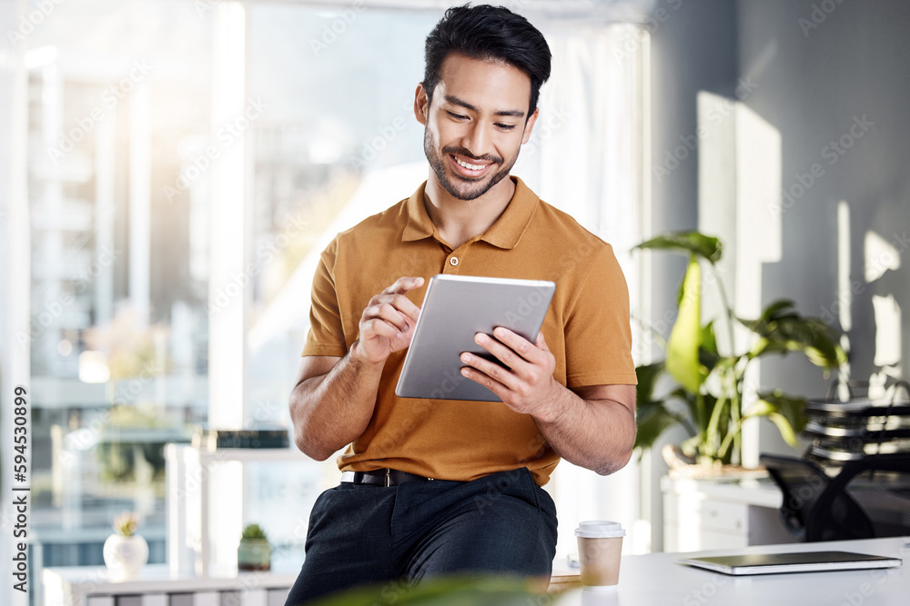 Aufkleber Tablet, office research and happy man typing UX web design, app wireframe development or monitor online software. SEO algorithm, web traffic statistics and person work on webdesign for website layout