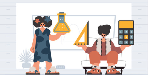 Individual and youthful woman school educates, considering fundamental school subjects. Trendy style, Vector Illustration