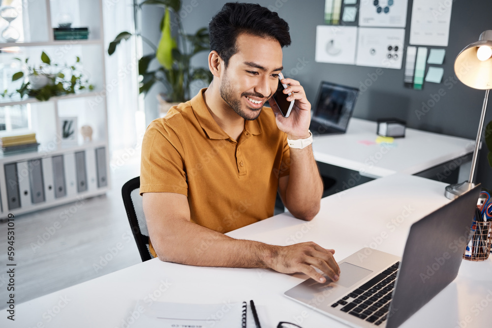 Poster phone call, smile and strategy with a business man chatting while working at his desk in the office.