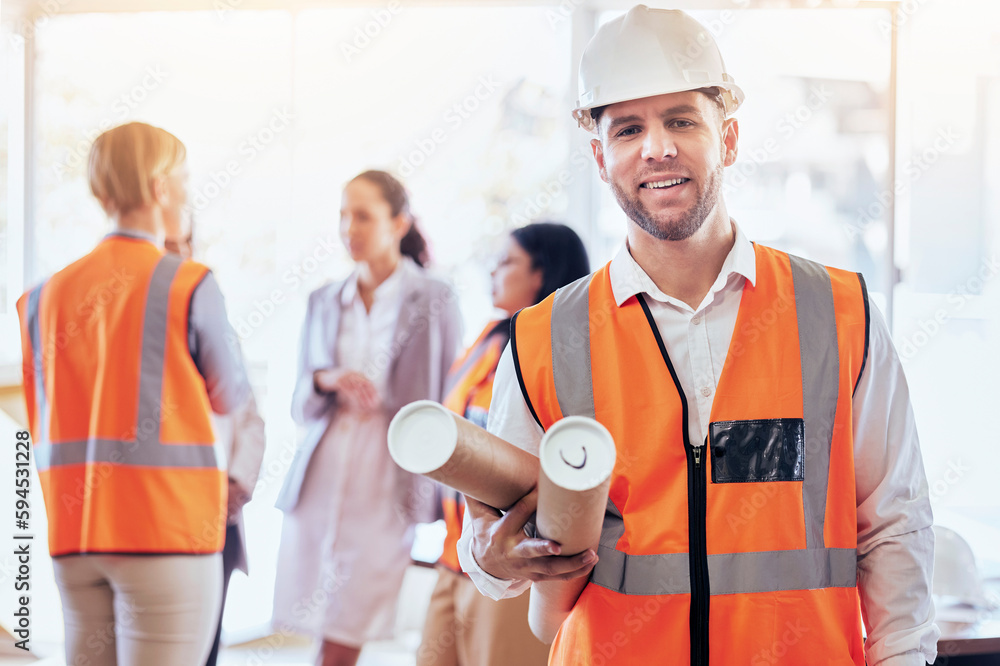 Poster architecture, blueprint and portrait of man on construction site for planning, engineering and build