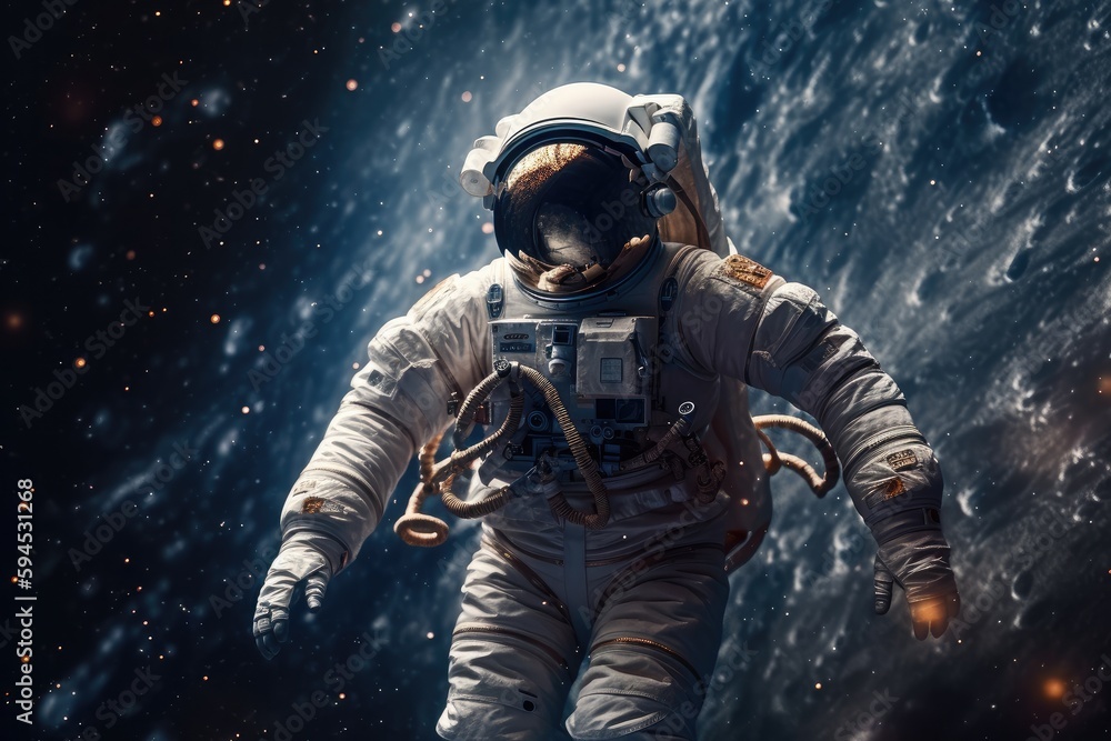 Wall mural astronaut, floating amidst the stars and planets of outer space, created with generative ai