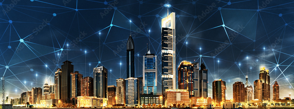 Poster big data, network and cyber with city at night for connection, wireless and cloud computing. technol