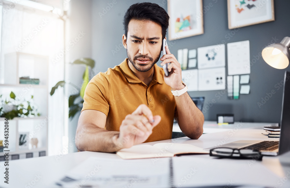 Poster phone call, confused and asian man with problem in office for issue, mistake and error in office. co