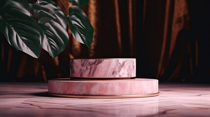 pink podium in tropical forest for product presentation with Generative Ai