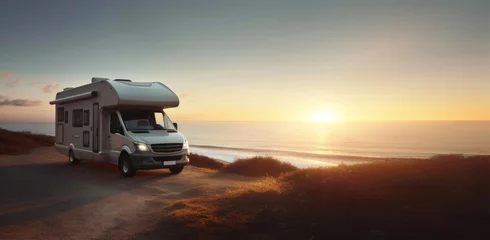 Tuinposter Camper van motorhome at sunset with sea at background, travel, tourism concept. Created using generative AI tools © Maru Studio