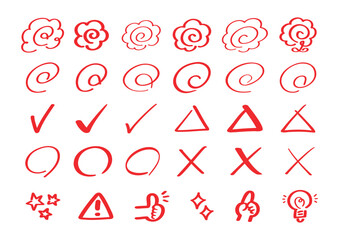Test scoring red pen icon set used by the teacher／先生のテスト採点赤ペンアイコンセット