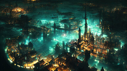 Fototapeta na wymiar Fantasy Steampunk industrial city created with Generative AI tool Midjourney