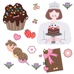 Cute Kawaii Various dessert characters Cute chocolate logo icon sweet chef cook