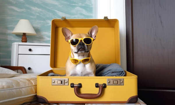 Happy dog wearing sunglasses and hat is going on a trip sitting in a suitcase. Vacations, travel, summer fun concept. Created using generative AI tools
